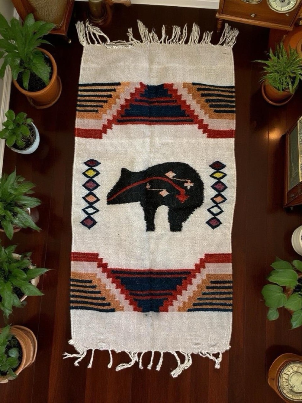 Vintage Retro Bear Cabin Bohemian Fringe Wool Small Rug